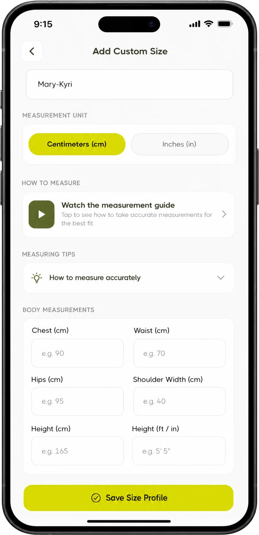 Entering personalised measurements with the measuring guide